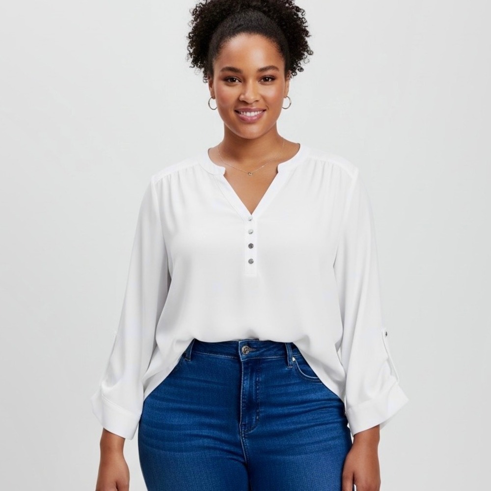 Ashley Stewart‎ Blouse Shirt Women Plus 24W White Split Neck Roll Tab Sleeves